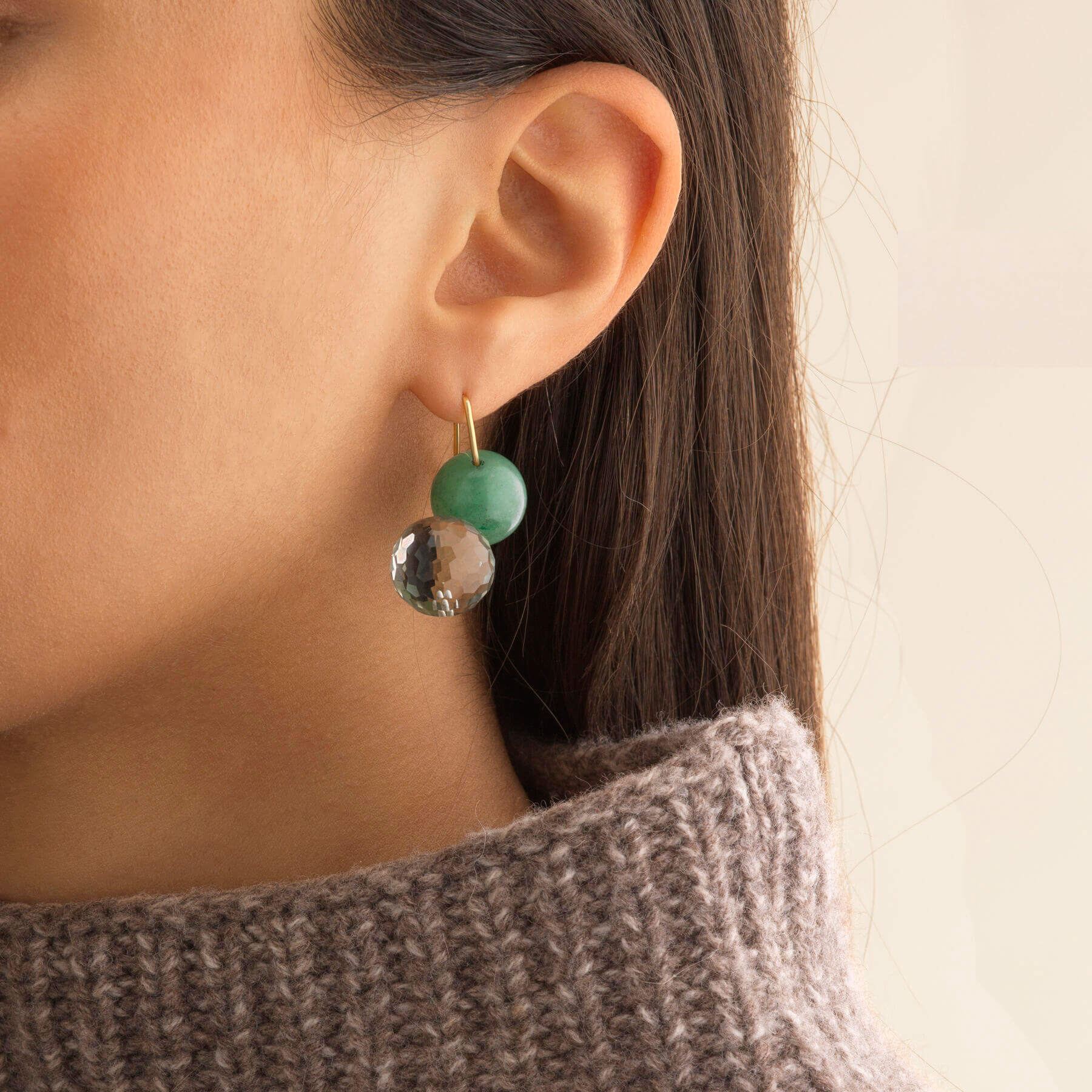Boucles d'oreilles Olympe moyen modèle, aventurine et prasiolite - Joalie