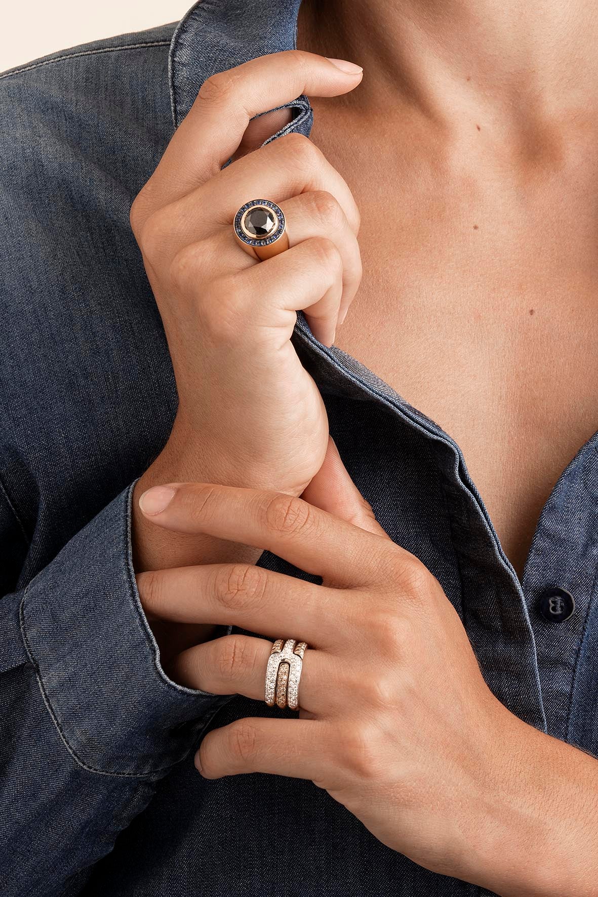 Bague Tower diamant noir et saphirs