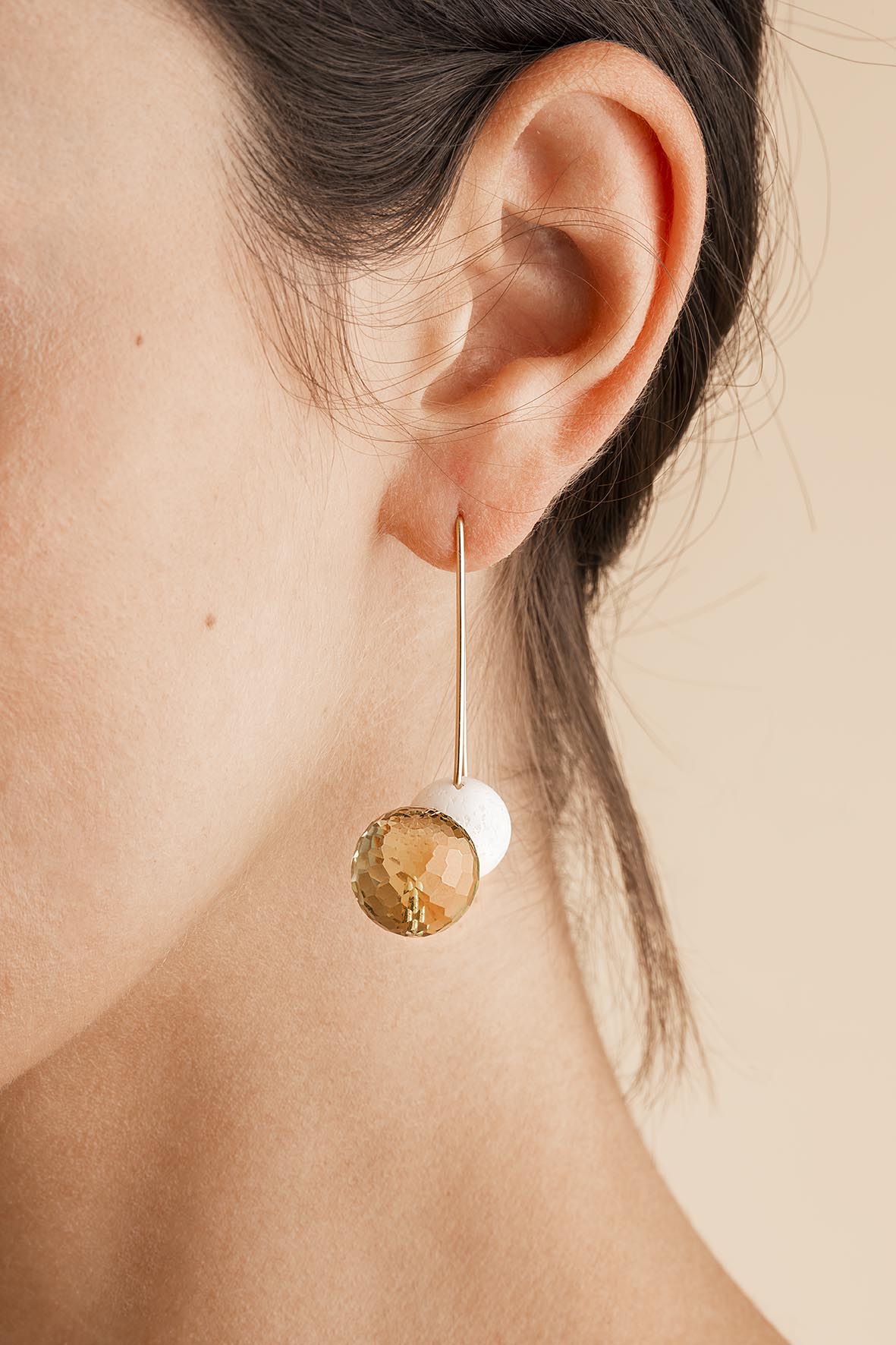 Boucles d'oreilles Olympe longues, madrepore et lemon citrine