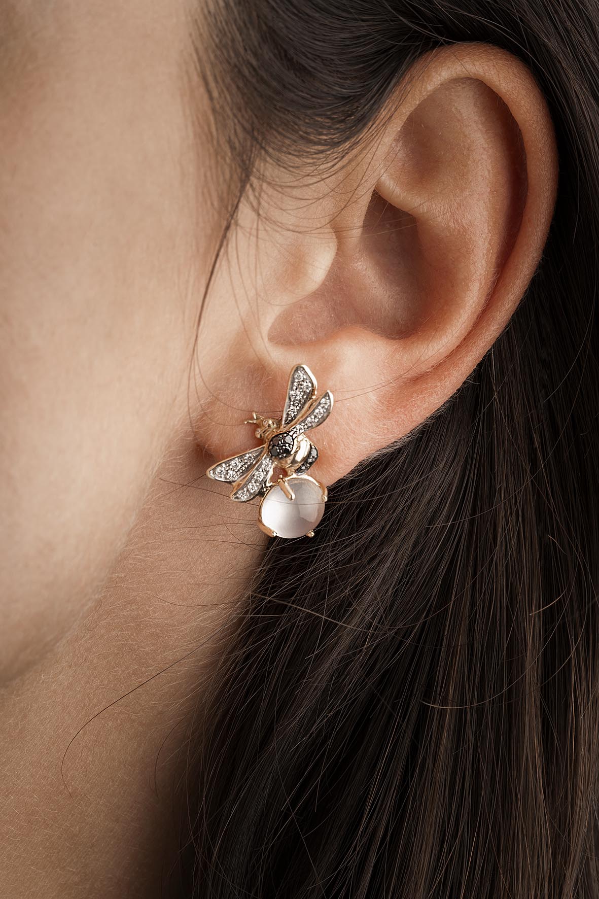 Boucles d'oreilles abeilles, diamants, pierres de lune