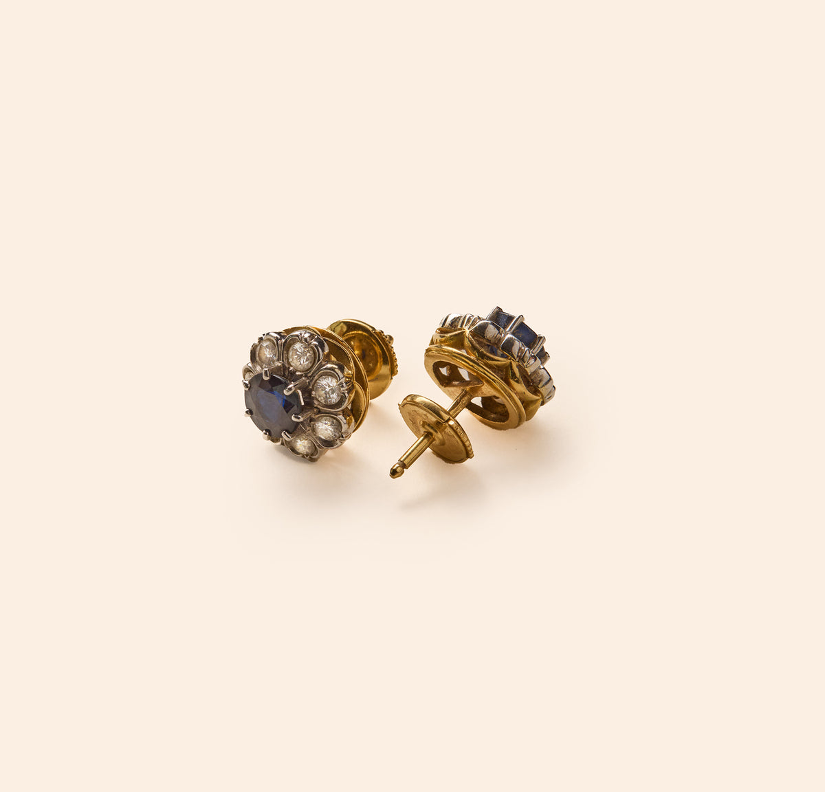 bijou ancien, boucles d'oreilles marguerite, saphir, diamants