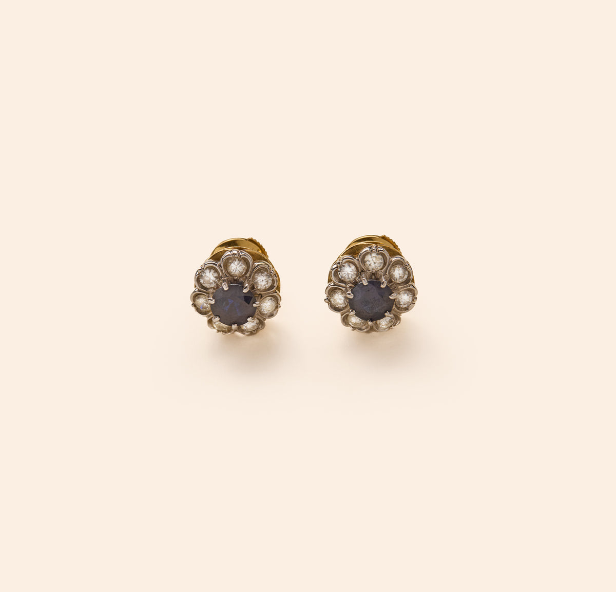 bijou ancien, boucles d'oreilles marguerite, saphir, diamants bis