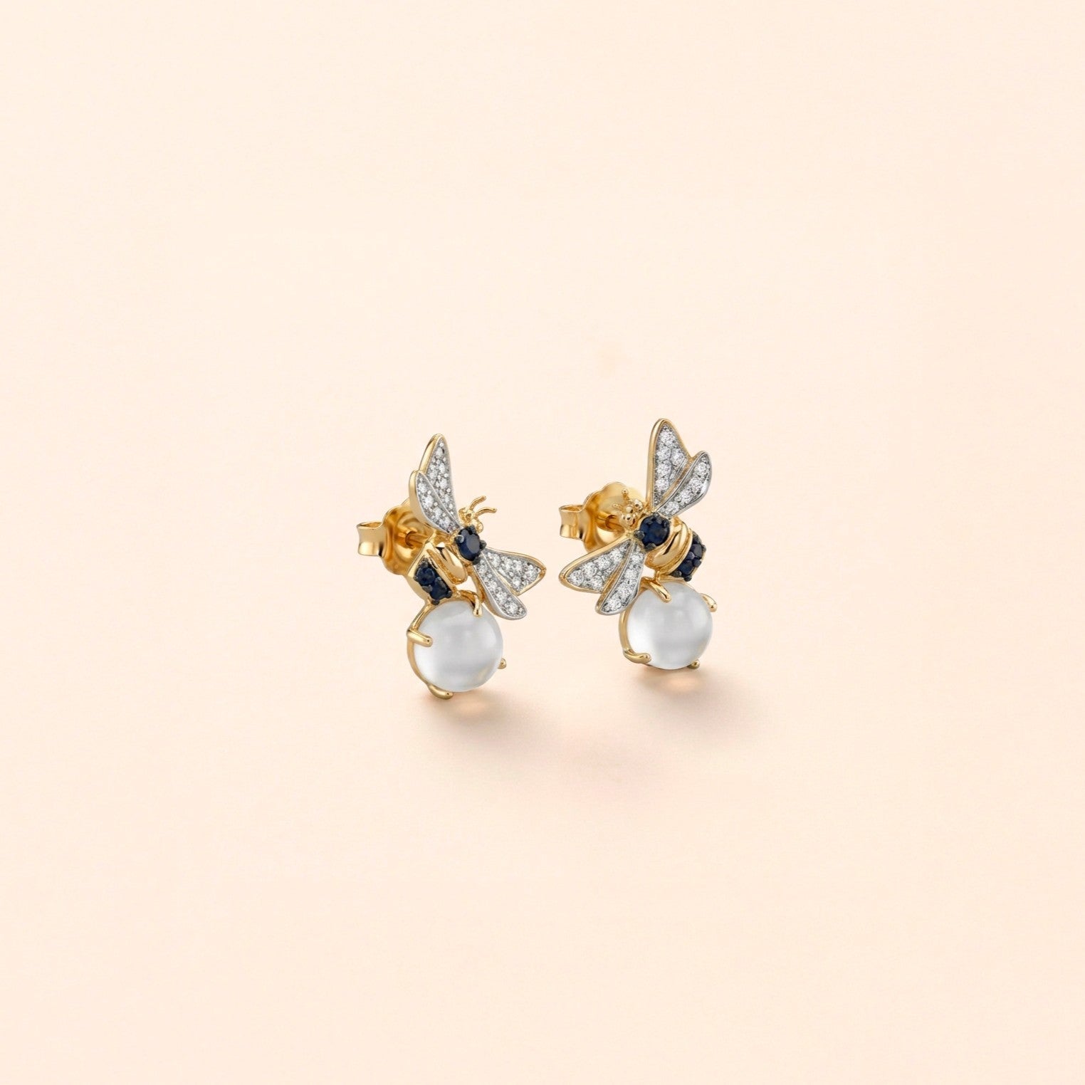 Boucles d'oreilles abeilles, diamants, pierres de lune
