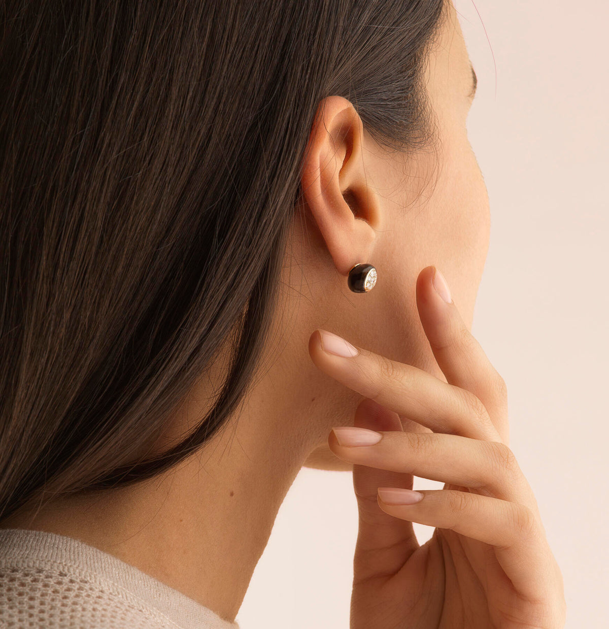 Boutons d'oreilles portés Mini Galet quartz fumés et diamant