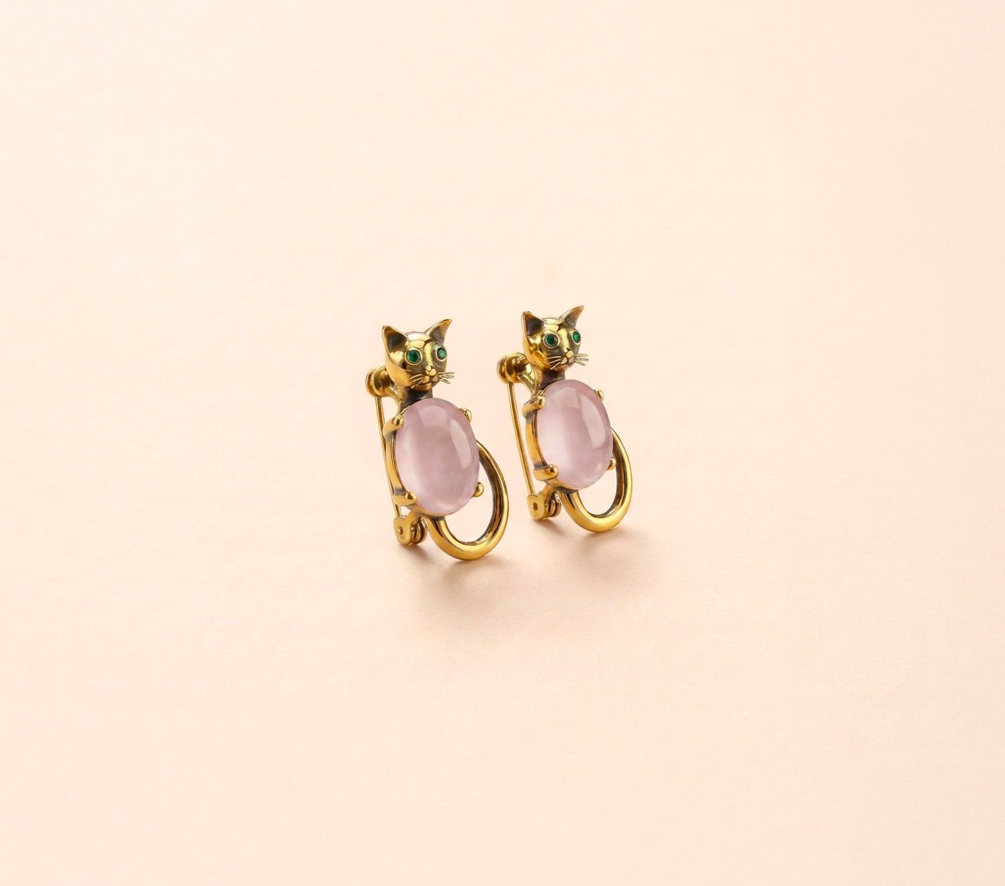 Paire de broches chat, quartz rose